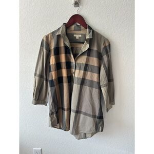 Burberry Brit Plaid Print Mock Neck Button-Up Top